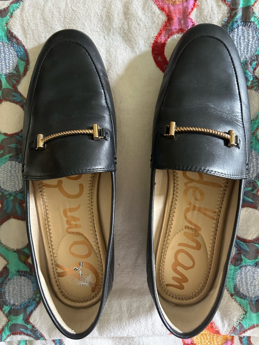 Sam Edelman Black Leather Loafers with Gold Hardware
